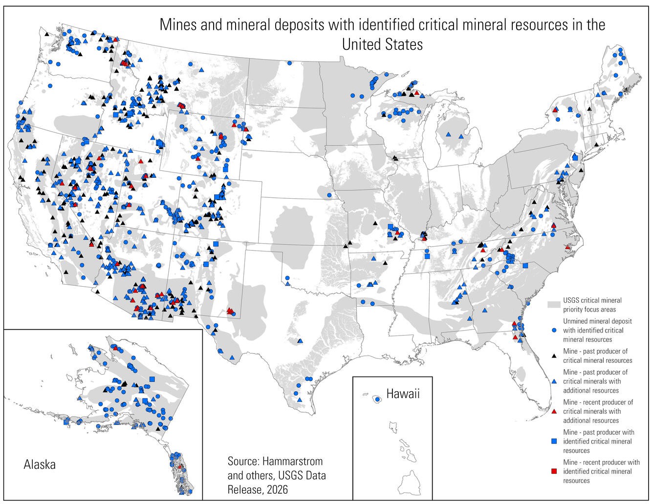 USGS map of mines and mineral deposits with identified critical mineral resources in the United States, with the Whitemoon deposit annotated in San Bernardino County, California